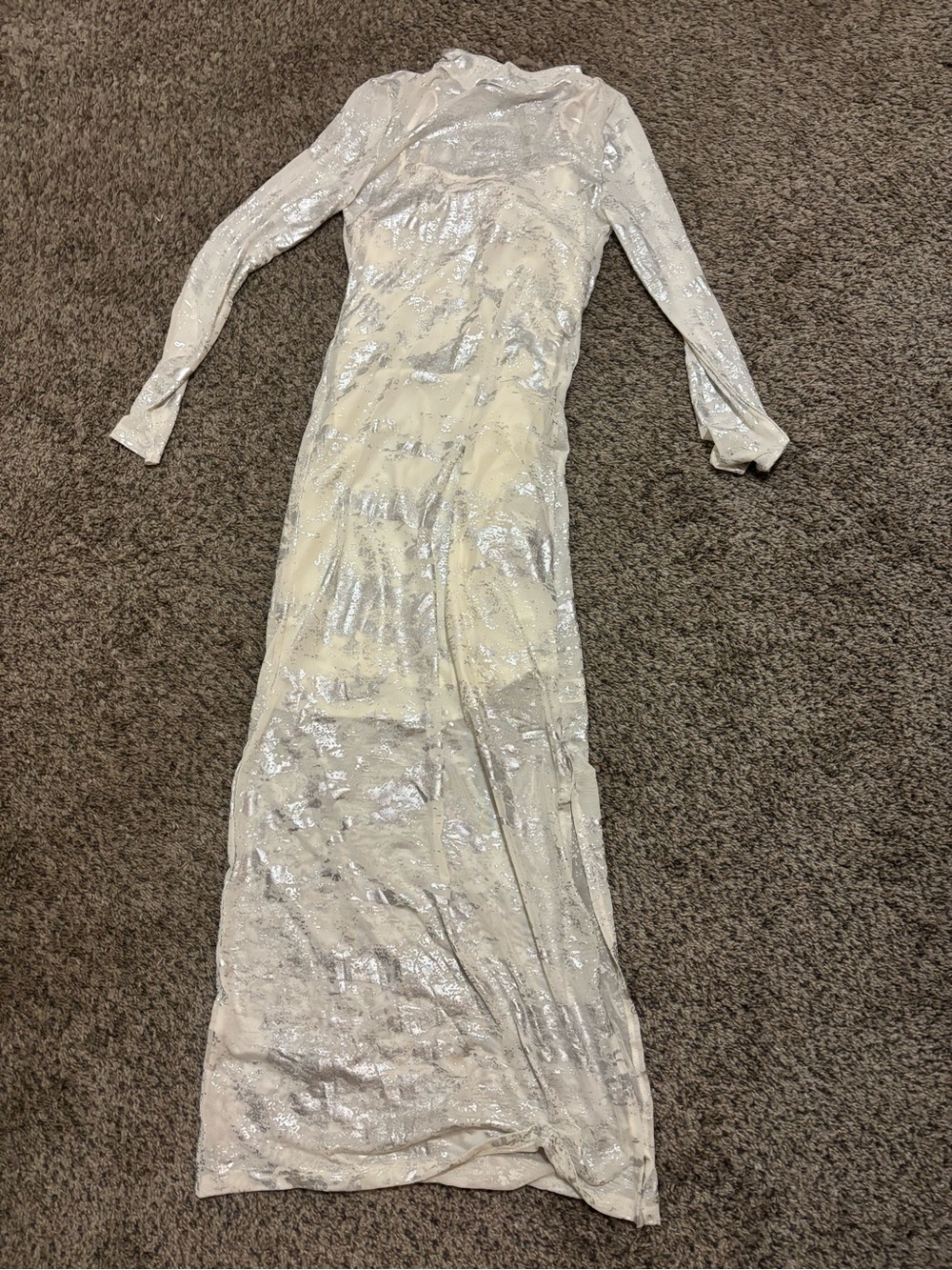 No Comment Silver Metallic Printed Long Sleeve Maxi Column Dress